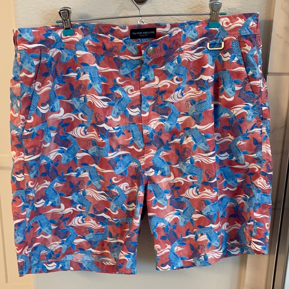 Peter Millar Red & Blue Koi Print Swim Trunks